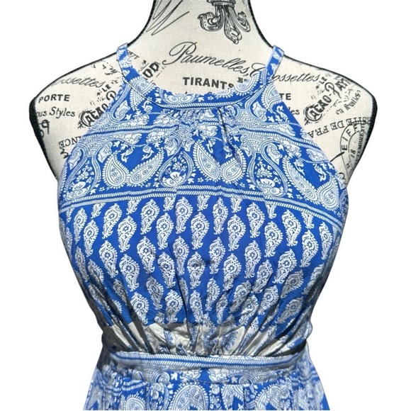 Lulus Blue and White Halter Dress Open Back - Picture 7 of 12